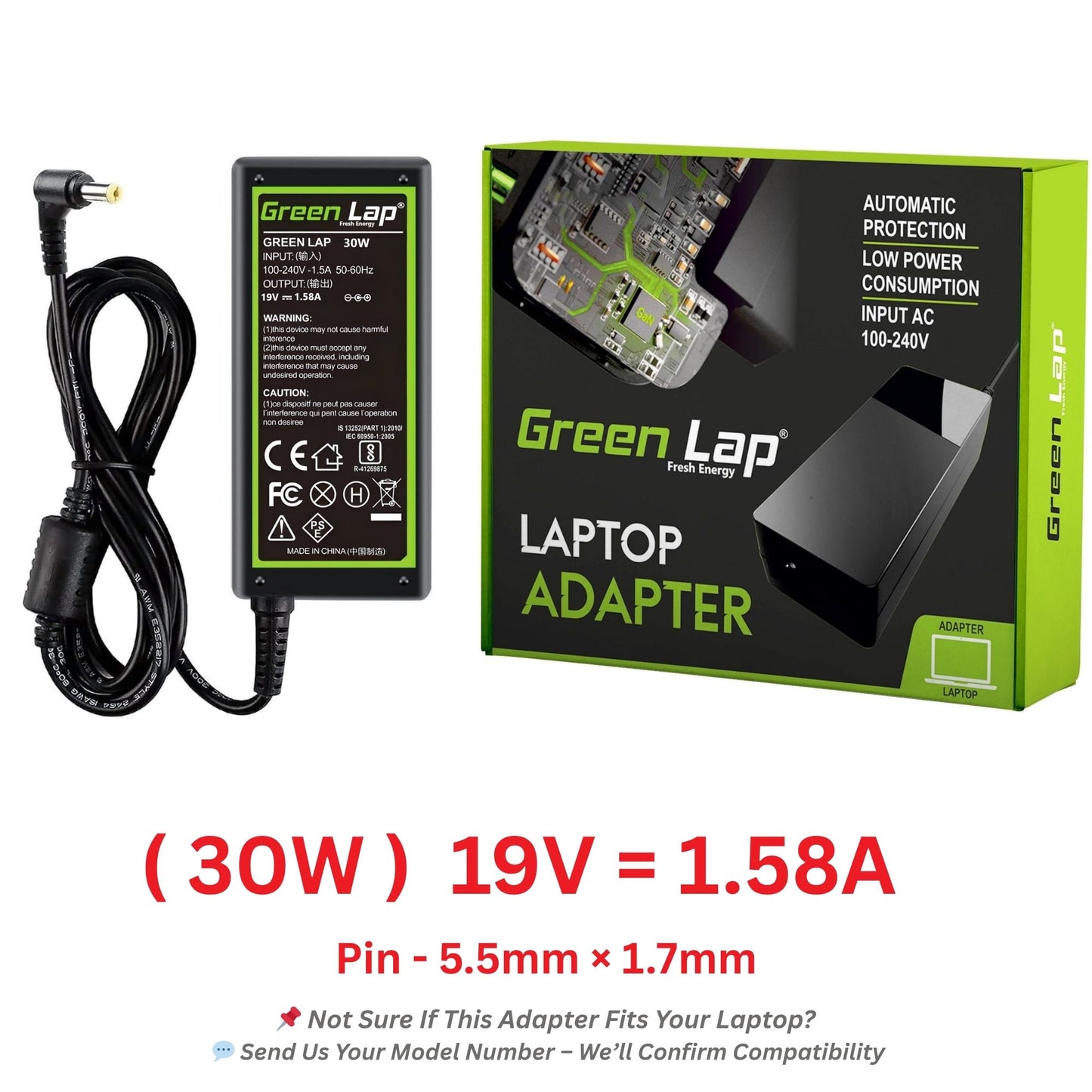 Green Lap – Fresh Energy® Laptop Adapter Charger – Compatible Replacement for Acer Laptops – 19V Output – (5.5mm × 1.7mm Pin) – Available in 45W | 65W | 90W