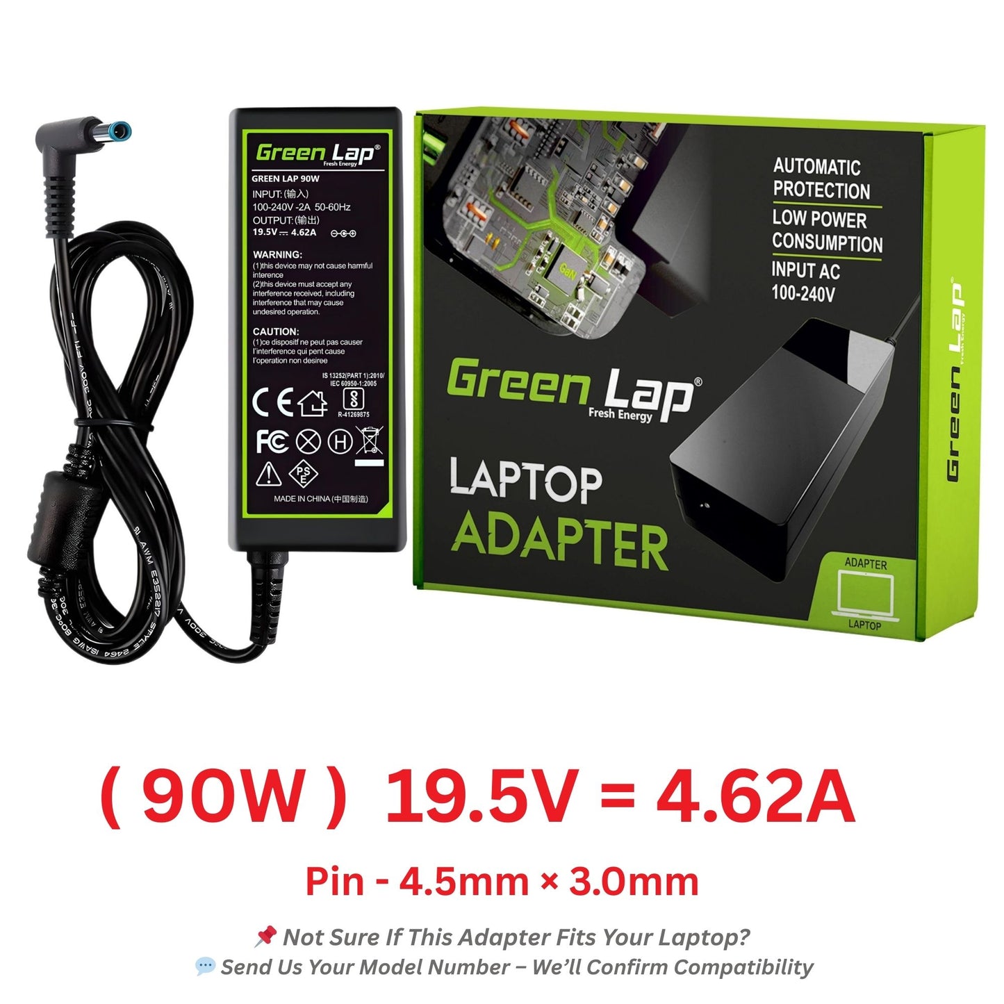 Green Lap – Fresh Energy® Laptop Adapter Charger – Compatible Replacement for Hp Laptops – 19.5V Output – Blue Pin (4.5mm × 3.0mm) – Available in 45W | 65W | 90W
