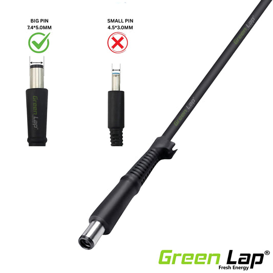 GREEN LAP - FRESH ENERGY® Replacement Laptop Adapter DC 3 Pin Cable Tip Size - (7.4mm × 5.0mm Pin) – Compatible with Dell Big Pin Tip Models – DC Power Cord Only, Not Charger