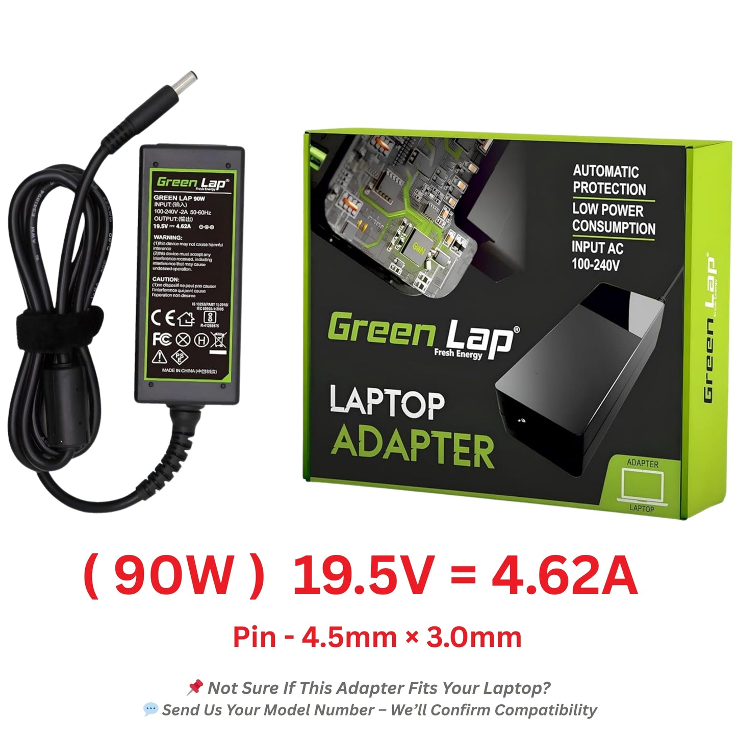 Green Lap – Fresh Energy® Laptop Adapter Charger – Compatible Replacement for Dell Laptops – 19.5V Output – (4.5mm × 3.0mm Pin) – Available in 45W | 65W | 90W