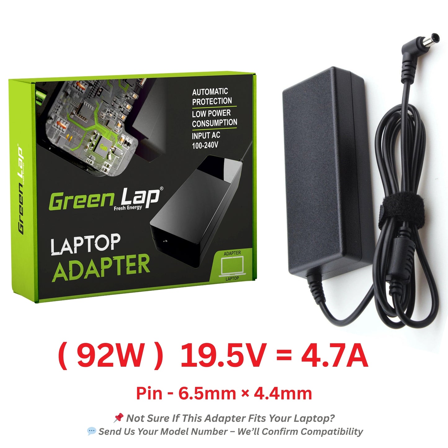 Green Lap – Fresh Energy® Laptop Adapter Charger – Compatible Replacement for Sony Laptops – 19.5V Output – (6.5mm × 4.4mm Pin) – Available in 76W | 92W