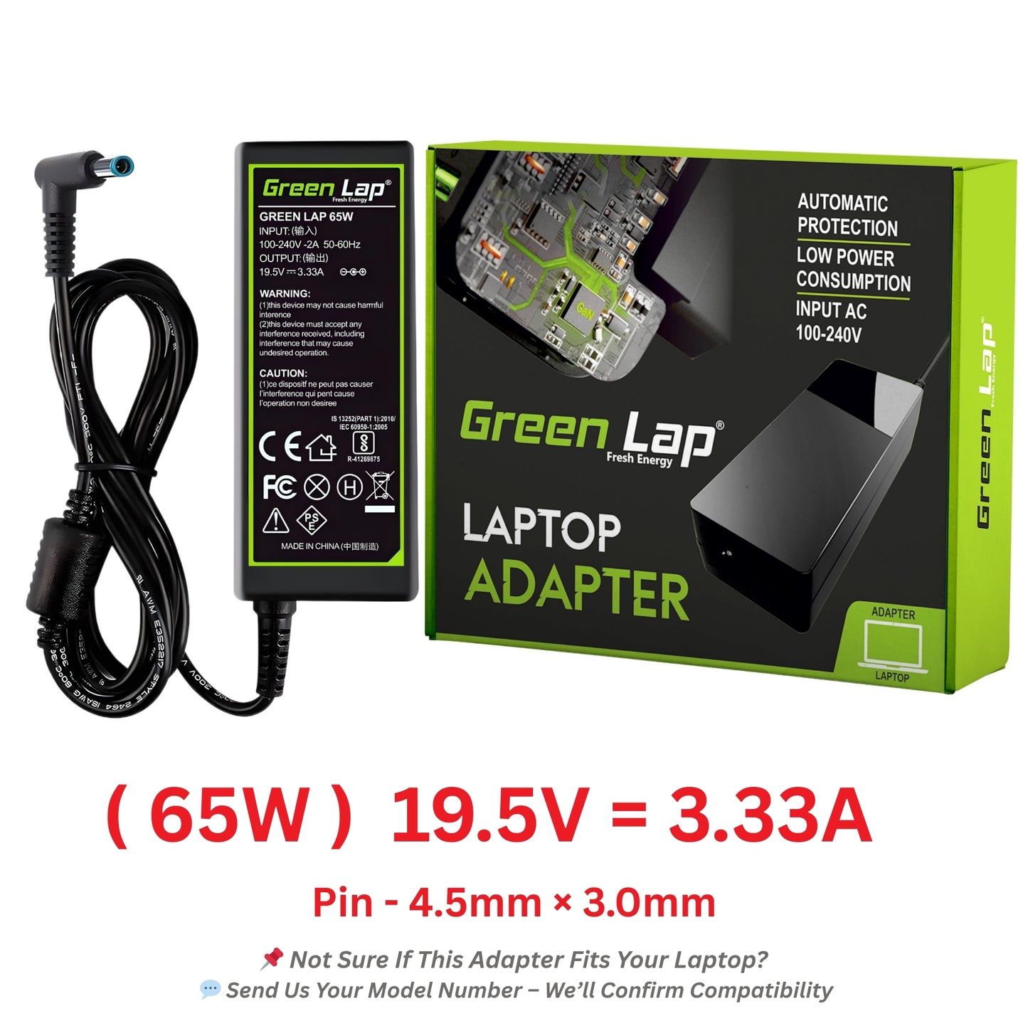 Green Lap – Fresh Energy® Laptop Adapter Charger – Compatible Replacement for Hp Laptops – 19.5V Output – Blue Pin (4.5mm × 3.0mm) – Available in 45W | 65W | 90W