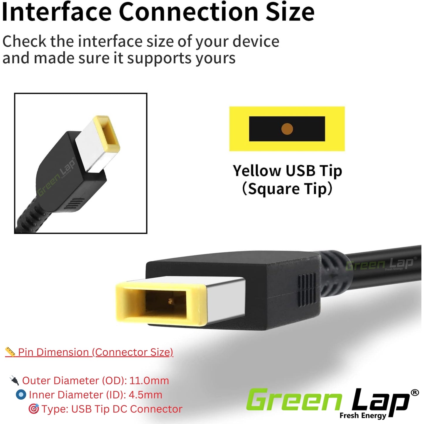 Green Lap – Fresh Energy® DC USB Pin Cable Cord | Replacement Connector Wire for Lenovo Laptop Adapter – Cable Only, Not Full Charger