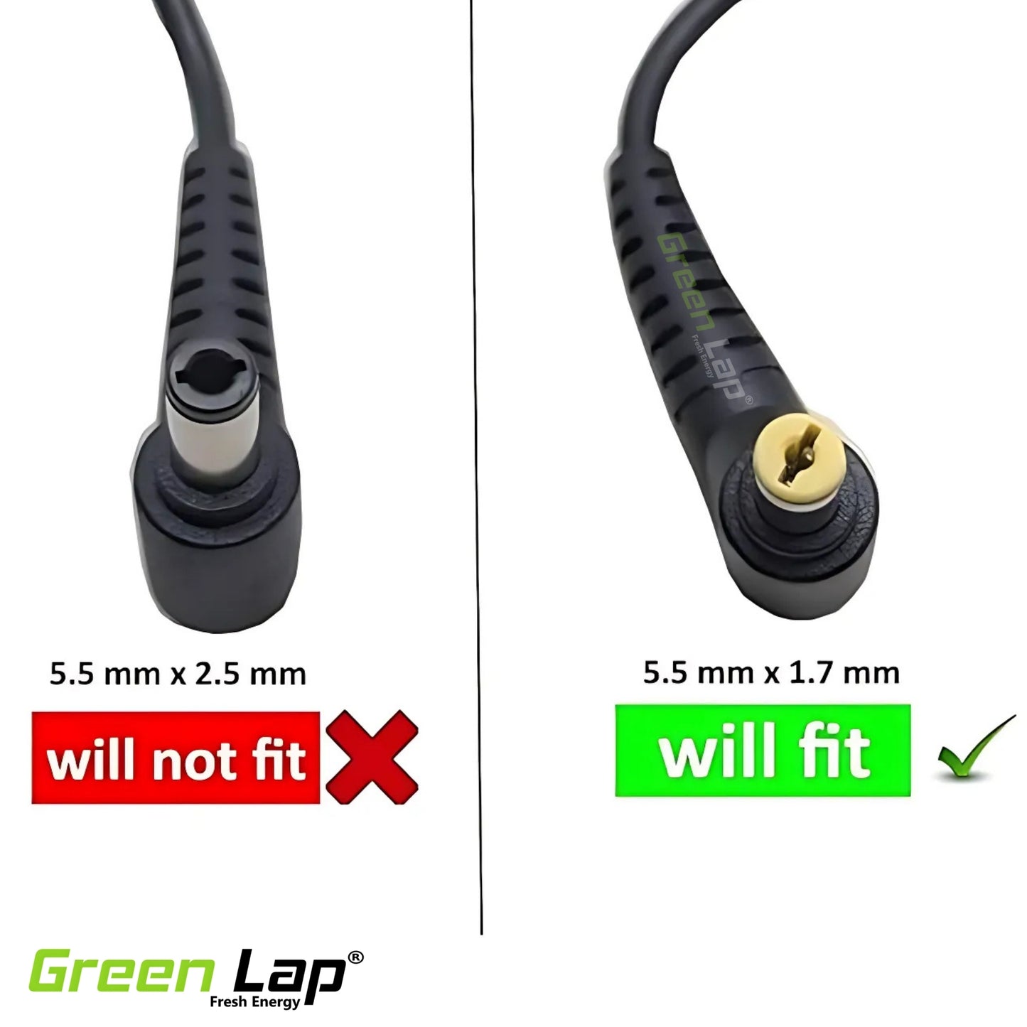 GREEN LAP - FRESH ENERGY® Replacement Laptop Adapter DC 2 Pin Cable Tip Size - (5.5mm × 1.7mm Pin) – Compatible with Acer Pin Tip Models – DC Power Cord Only, Not Charger