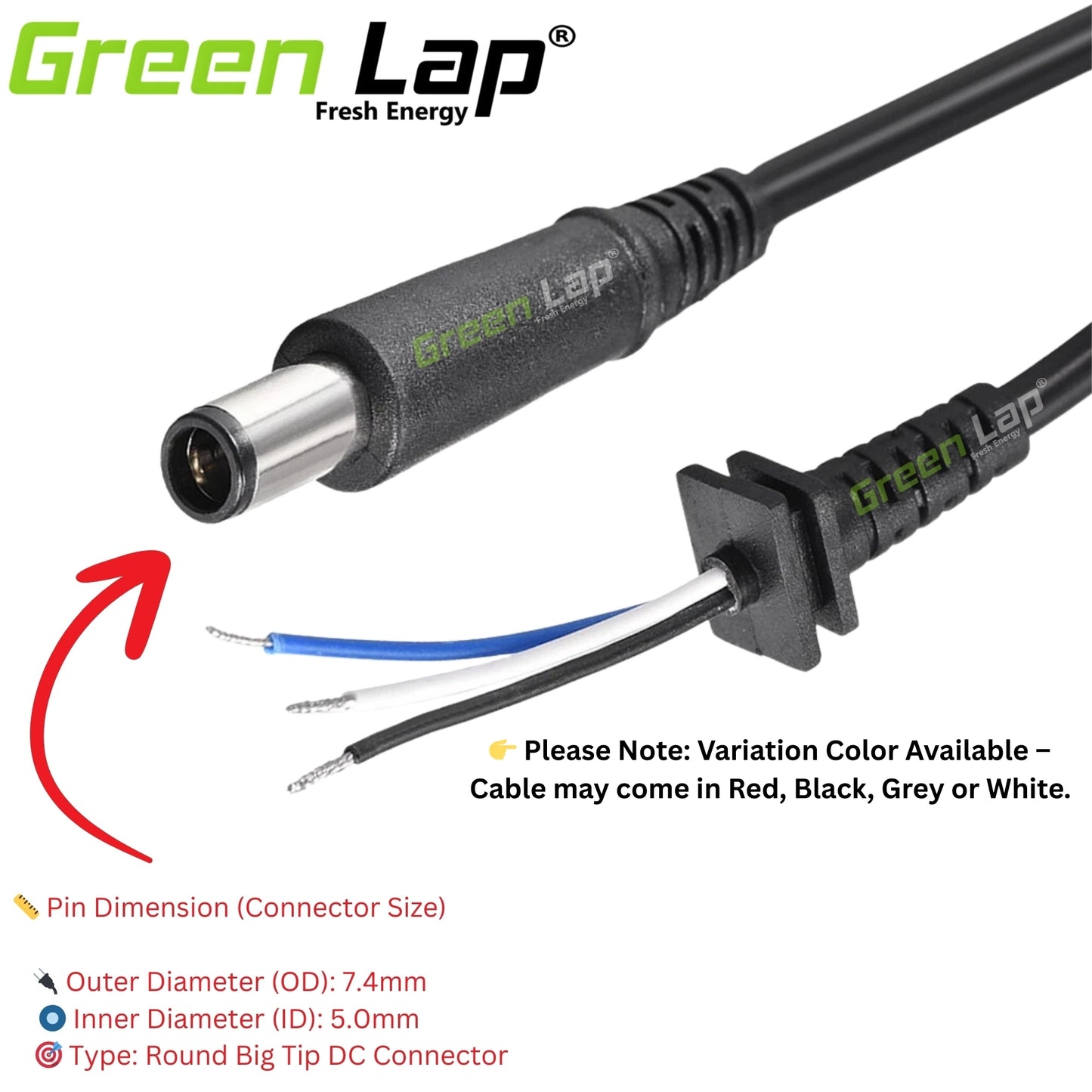 GREEN LAP - FRESH ENERGY® Replacement Laptop Adapter DC 3 Pin Cable Tip Size - (7.4mm × 5.0mm Pin) – Compatible with Dell Big Pin Tip Models – DC Power Cord Only, Not Charger