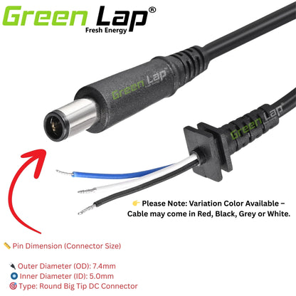 GREEN LAP - FRESH ENERGY® Replacement Laptop Adapter DC 3 Pin Cable Tip Size - (7.4mm × 5.0mm Pin) – Compatible with Dell Big Pin Tip Models – DC Power Cord Only, Not Charger