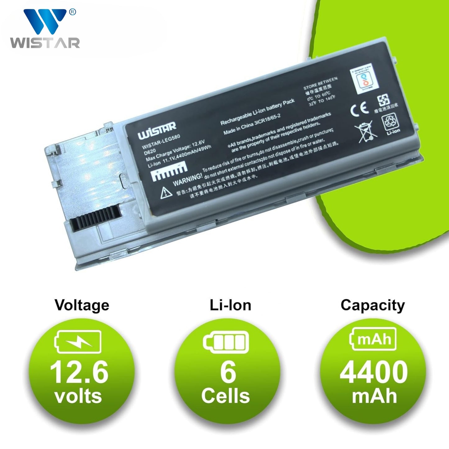 Wistar® Laptop Battery – Compatible with Battery for Dell Latitude D620 D620 ATG D630 D630 ATG D630N D631 Precision M2300 | P/N : GD775 GD776 GD787 KD489 KD491 KD492  | 6 Cell