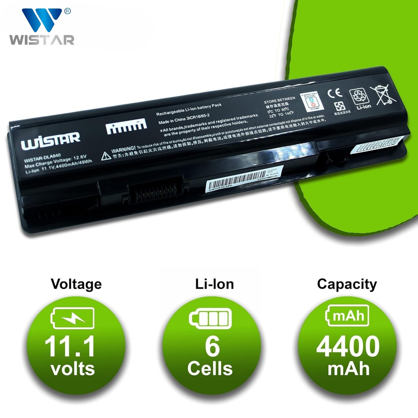 Wistar® Laptop Battery – Compatible with Battery for Dell A840, A860, 1014, 1015, 1088 | P/N : F286H,F287H, PP37L, PP38L, G066H | 6 Cell
