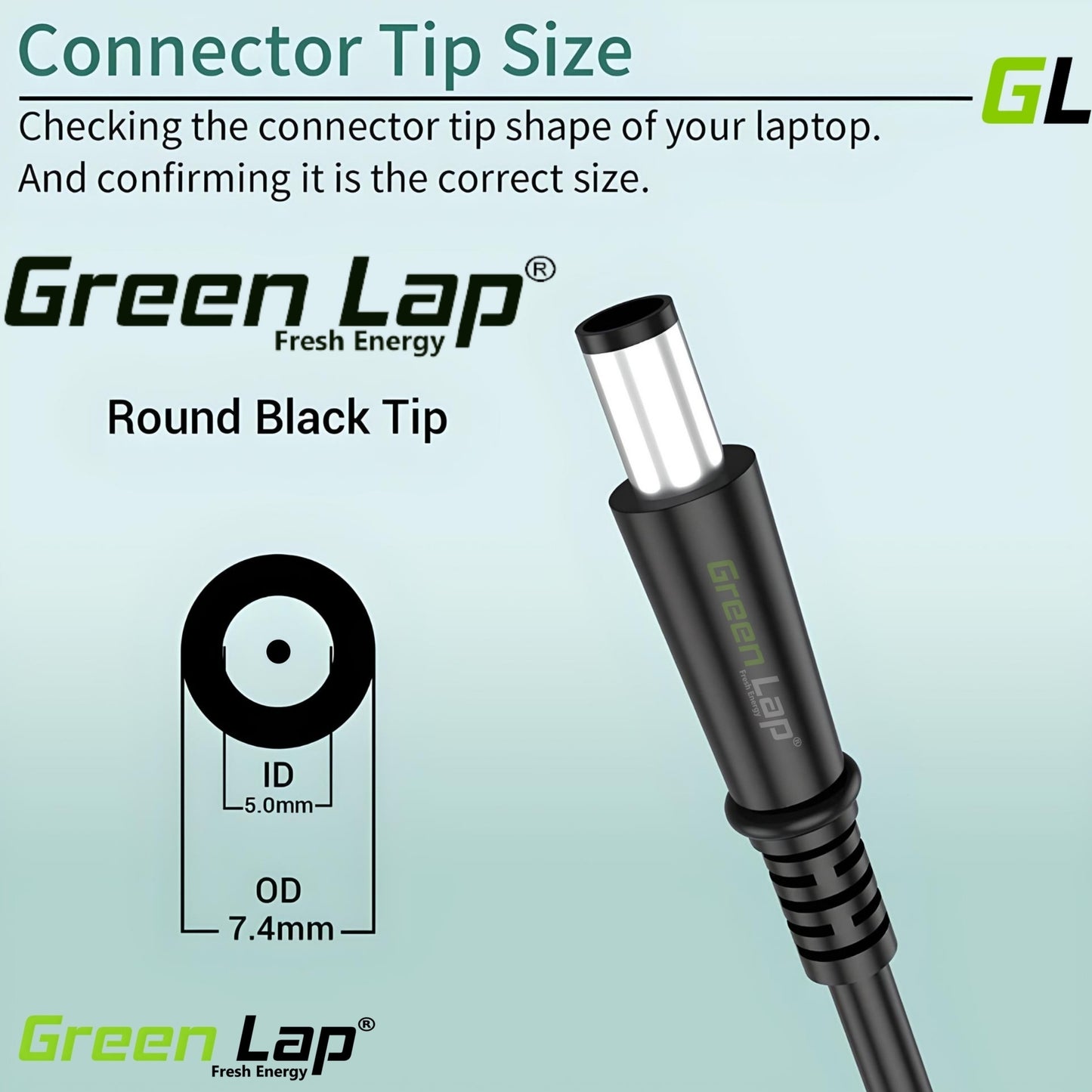 GREEN LAP - FRESH ENERGY® Replacement Laptop Adapter DC 3 Pin Cable Tip Size - (7.4mm × 5.0mm Pin) – Compatible with Dell Big Pin Tip Models – DC Power Cord Only, Not Charger