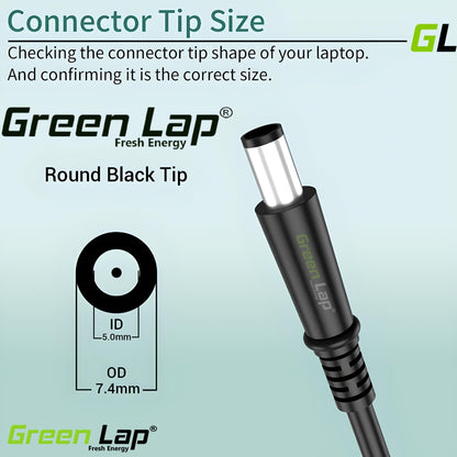 GREEN LAP - FRESH ENERGY® Replacement Laptop Adapter DC 3 Pin Cable Tip Size - (7.4mm × 5.0mm Pin) – Compatible with Dell Big Pin Tip Models – DC Power Cord Only, Not Charger