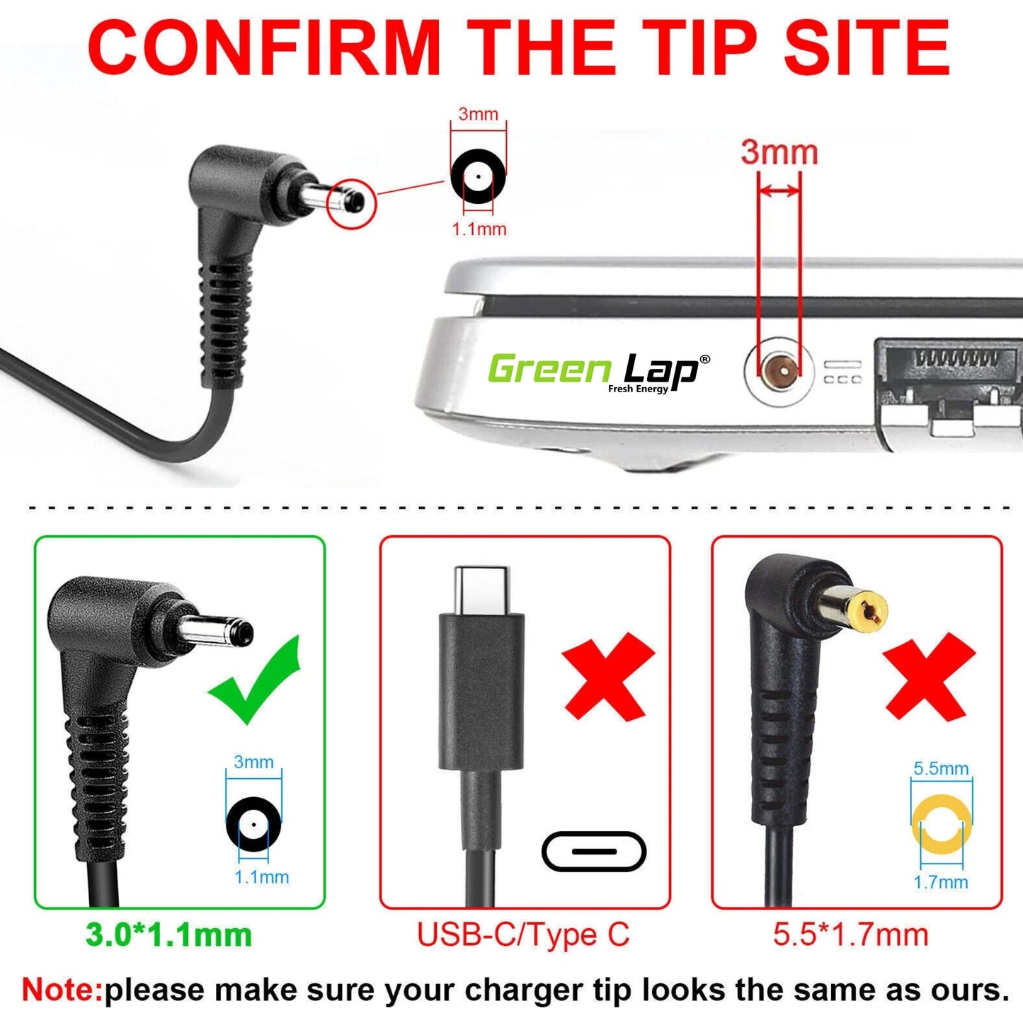 Green Lap – Fresh Energy® Laptop Adapter Charger – Compatible Replacement for Acer Laptops – 19V Output – (3.0mm × 1.1mm Pin) – Available in 45W | 65W | 90W